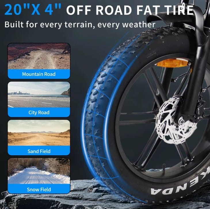 Τα ελαστικά fat tire 20x4 ιντσών του Zeuron X80 Pro προσφέρουν σταθερότητα και πρόσφυση σε άσφαλτο, χώμα, άμμο και χιόνι