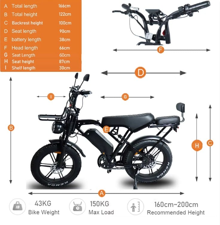 Διάγραμμα διαστάσεων του ηλεκτρικού fat bike Zeuron X80 Pro με συνολικό μήκος 166 cm, ύψος 122 cm, μέγιστο φορτίο 150 kg και προτεινόμενο ύψος αναβάτη από 160 έως 200 cm
