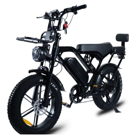 Πλάγια άποψη του ηλεκτρικού fat bike Zeuron X80 Pro σε μαύρο χρώμα με εμπρός σχάρα, διπλή σέλα, υδραυλικά δισκόφρενα και φαρδιά ελαστικά 20x4 ιντσών